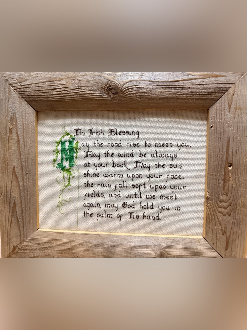 Hand-Embroidered Irish Blessing Cross Stitch Sampler in Rustic Wood Frame